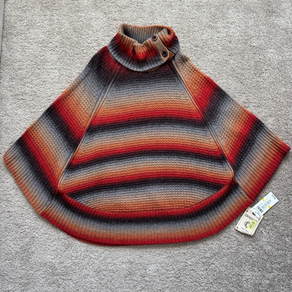 Democracy Ombre Striped Knit Button Neck Wool Poncho Red Grey Boho Artsy S/M